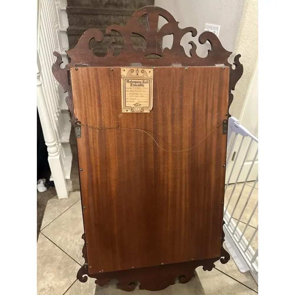 Antique Feather Scroll Mahogany Hall Mirror W/ original 1900s Shipping Tag